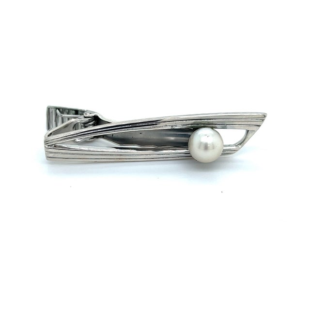 1990s Mikimoto Estate Akoya Pearl Mens Tie Clip 7 mm Sterling Silver For Sale In New York - Image 6 of 7