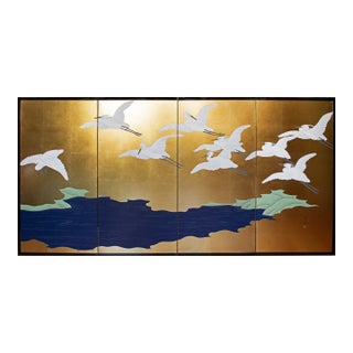 "Wave and White Herons" by Sekko, Heisei Era Japanese Byobu Screen For Sale