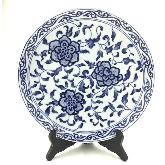 Vintage Underglaze Cobalt Blue Over White Chinese Decorative Porcelain Plate For Sale - Image 9 of 9