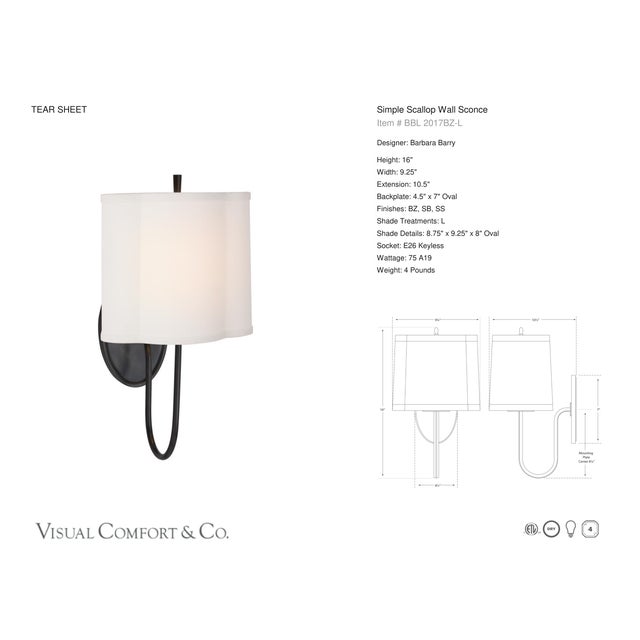 Modern Barbara Barry for Visual Comfort Signature Simple Scallop Wall Sconce in Bronze with Linen Shade For Sale - Image 3 of 5