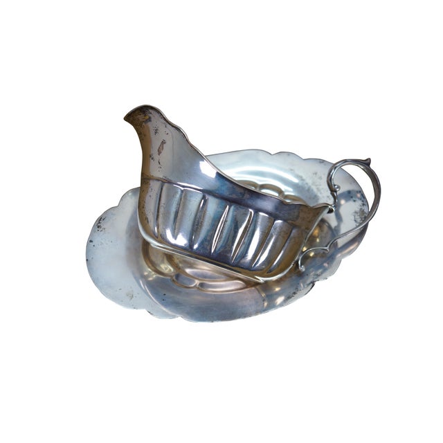 American Antique Fisher Silversmiths Sterling Silver Gravy Boat & Underplate 342g 7.5" For Sale - Image 3 of 13