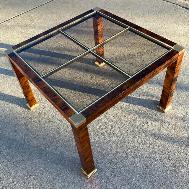 Stunning brass and lucite faux tortoiseshell base large end or small coffee table, with smoked glass panel inset top,...