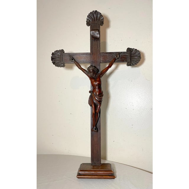 Religious Antique 1700's Hand Carved Wood Religious Jesus Christ Crucifix Cross Sculpture For Sale - Image 3 of 15