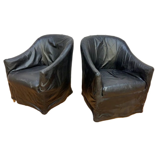 Mid 20th Century Vintage Mario Bellini Style Black Italian Draped Leather Barrel Back Club Chairs by Neidermier - Pair For Sale - Image 5 of 8