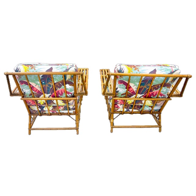 Pair, Mid-Century Modern Attributed to Paul Frankl Rattan Barkcloth Lounge Chairs For Sale In Atlanta - Image 6 of 18