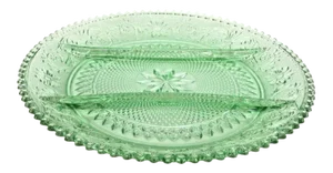 Tiara Indiana Sandwich Glass Green 3 Part Divided Large Relish Dish Tray