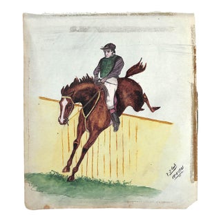 Steeplechase Jockey Clearing Fence 1921 Watercolor For Sale
