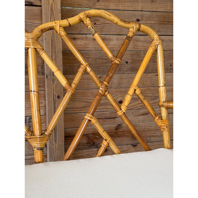 McGuire Vintage Rattan Chippendale Fretwork Settee Bench With New Sunbrella Cushion For Sale - Image 4 of 12