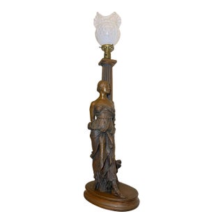 Huge Antique Marion Bronze Clad Co. Opal Glass Figural Lady Woman Table Lamp For Sale