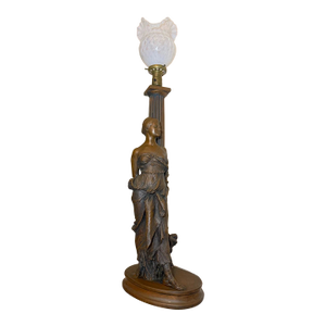 Huge Antique Marion Bronze Clad Co. Opal Glass Figural Lady Woman Table Lamp