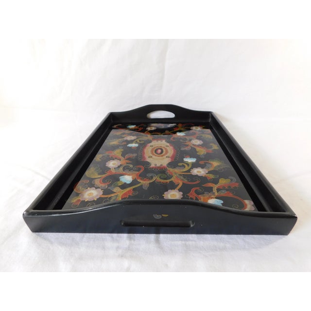 Wood Vintage Hand Painted Black Lacquer Floral Wood Serving Tray With Handles For Sale - Image 7 of 10
