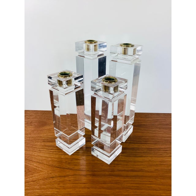 Vintage Karl Springer Style Chunky Clear Lucite Set of 4 Candle Holders For Sale In Las Vegas - Image 6 of 8