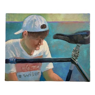 Signed Contemporary Cyclist Portrait Painting / Acrylic Bicycle Sports Figural Form Wall Art For Sale