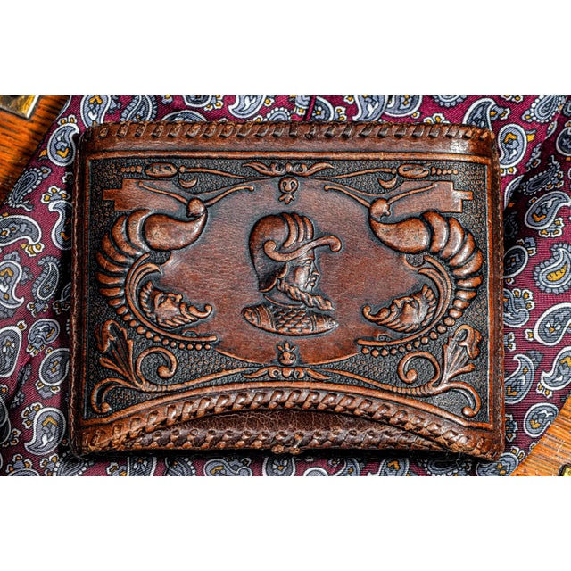 Art Deco Unique Soldier Braided Trim Hand Tooled Antique Leather Cigarette Case Tobacciana For Sale - Image 3 of 13