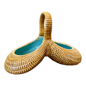 Sarreguemines French Majolica Ceramic Trompe L’oeil Basket With Faux Bamboo Wicker Detailing and Blue Interior