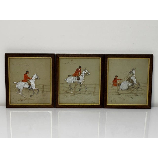Set 3 Antique Historic English Hunting Sequence Paintings Red Coat Huntsman On Grey Horse By Charles Johnson Payne...