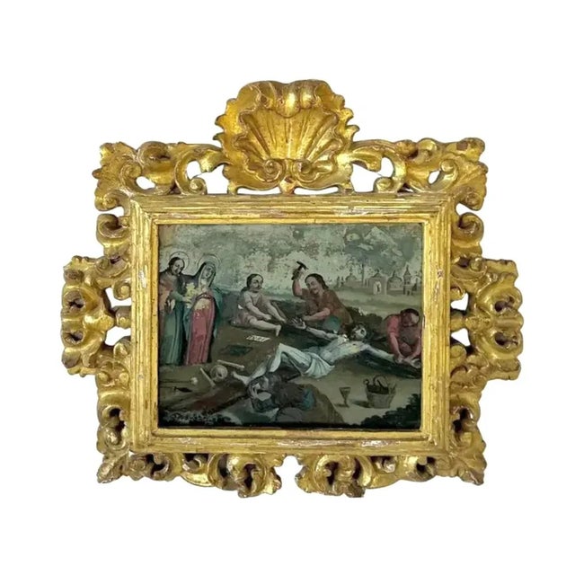 Spanish Pair of Spanish Colonial School Reverse Glass Paintings Framed For Sale - Image 3 of 16