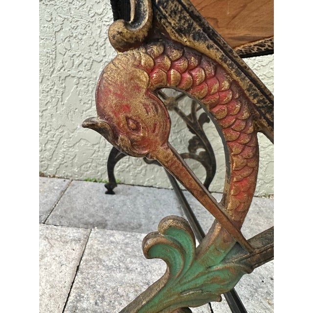 Vintage Mid 20th Century Cast Iron Bench With Leopard Print Upholstered Seat For Sale - Image 10 of 12