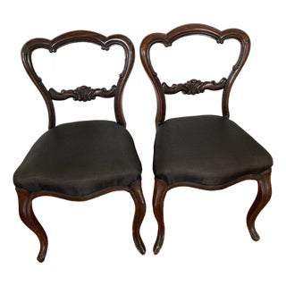 Antique Victorian Rosewood Balloon Back Chairs Pair Carved Central Splats For Sale