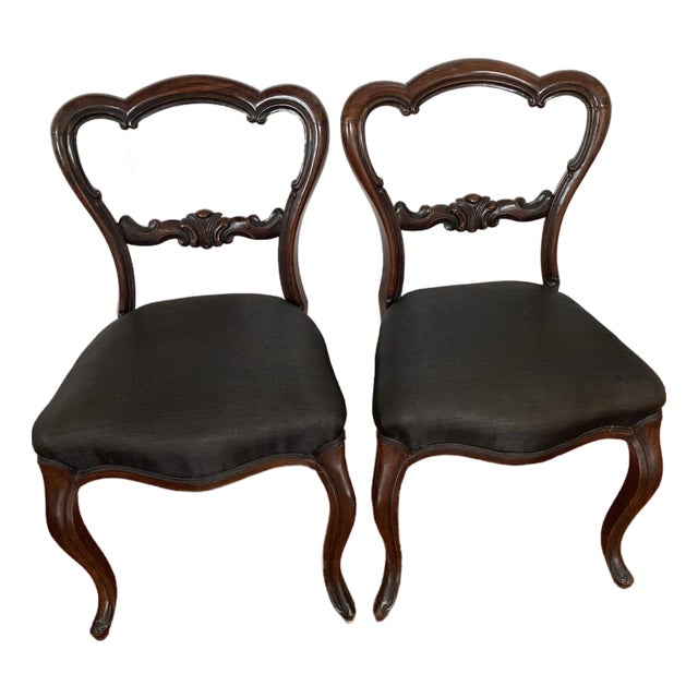 Antique Victorian Rosewood Balloon Back Chairs Pair Carved Central Splats For Sale