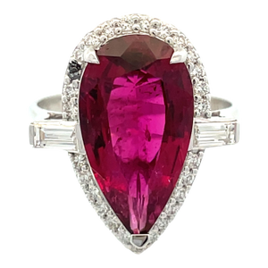 18k White Gold 5.33 Carat Weight Rubelite & Diamond Halo Ring, Size 7.75