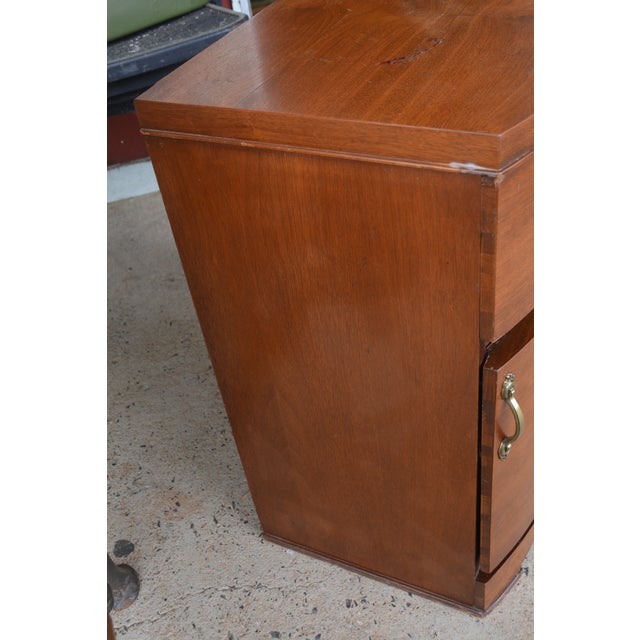 Mid-Century Modern 1950s Vintage Mid Century Curved Front Wooden Nightstand W/ Cupboard & Drawer Brass Hardware For Sale - Image 3 of 12