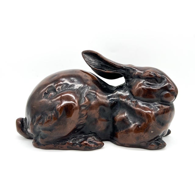 1960s Japanese Bronze-Tone Cast Iron Rabbit Sculpture – Meiji Style Reclining Hare - Mid-Century Modern, Asian, Spring, Easter For Sale - Image 12 of 12