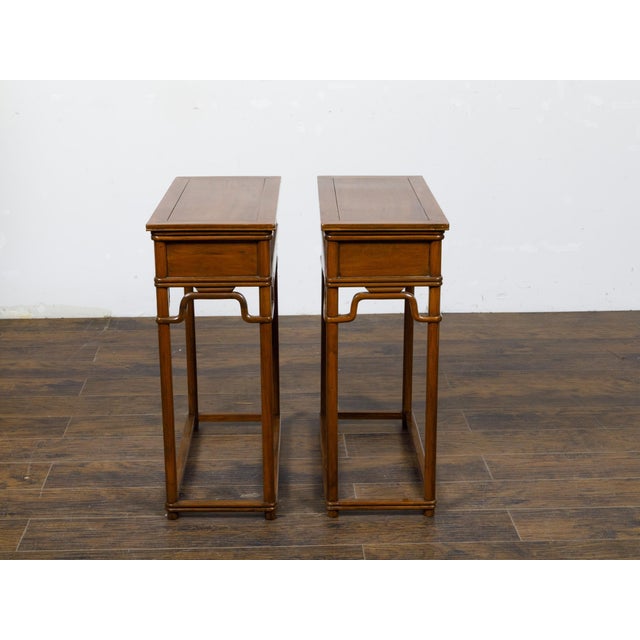 Wood Pair of Teak 19th Century Console Tables with Drawers and Humpback Stretchers For Sale - Image 7 of 12