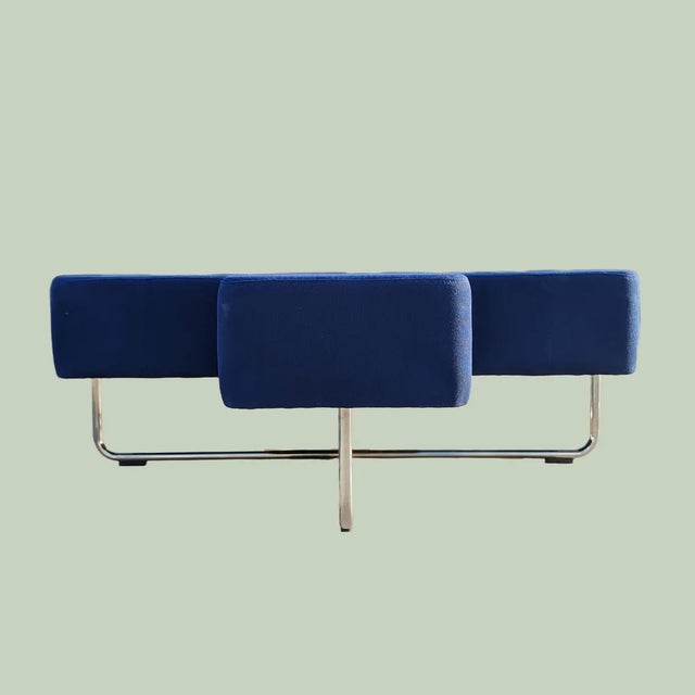 Metal Late 20th Century Postmodern Allermuir "Cross" Modular Bench Blue Upholstered Chrome Ottoman For Sale - Image 7 of 7