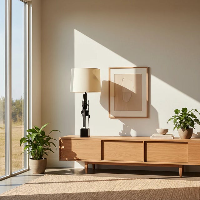 A striking pair of brutalist iron table lamps designed by Richard Barr for Laurel Lamp Company. Each lamp features hand-...