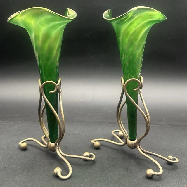 Early 20th Century Antique Victorian Glass Epergne Trumpet Horn Vase Green Opaline Metal Base Pair For Sale - Image 5 of 17