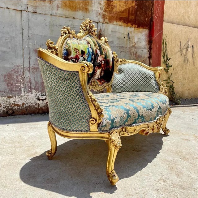 French Rococo Style Gold Leaf Damask Settee Chairish
