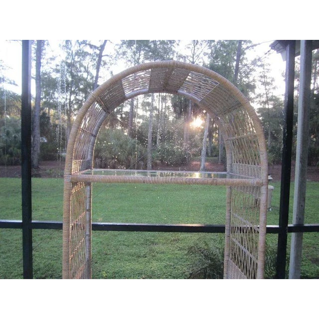 1980s Vintage Wicker Rattan Entertainment Center Three Glass Shelf One