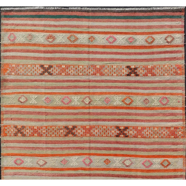 Mid 20th Century Vintage Turkish Kilim With Colorful Stripes in Orange Lt. Green Red & Gray For Sale - Image 9 of 13
