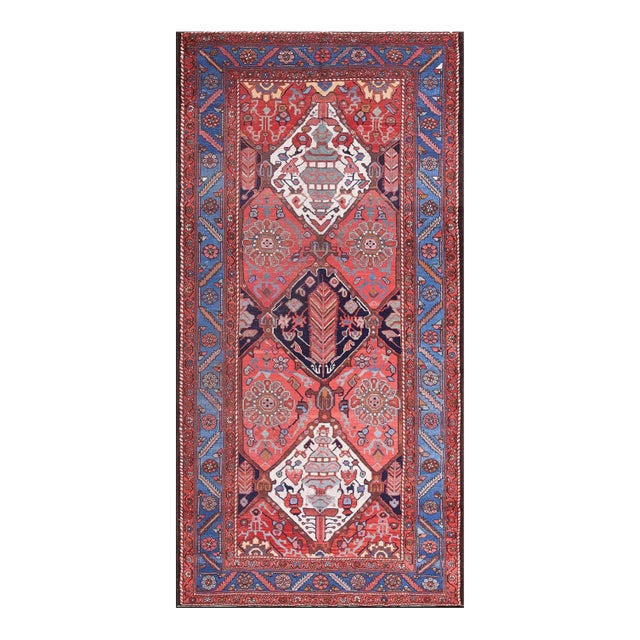 1900s Red Geometric Tribal Antique Persian Bakhtiari Rug 5' 3" X 10' 4" Handknotted Wool Carpet For Sale