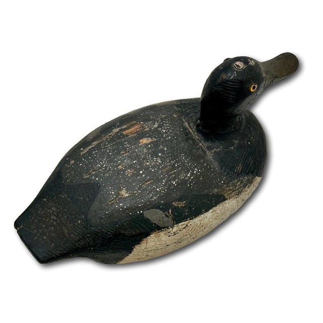 Very Nice Large Size Antique American Hand Carved & Painted Wood Duck Hunters Working Decoy With Glass Eyes For Sale - Image 4 of 18