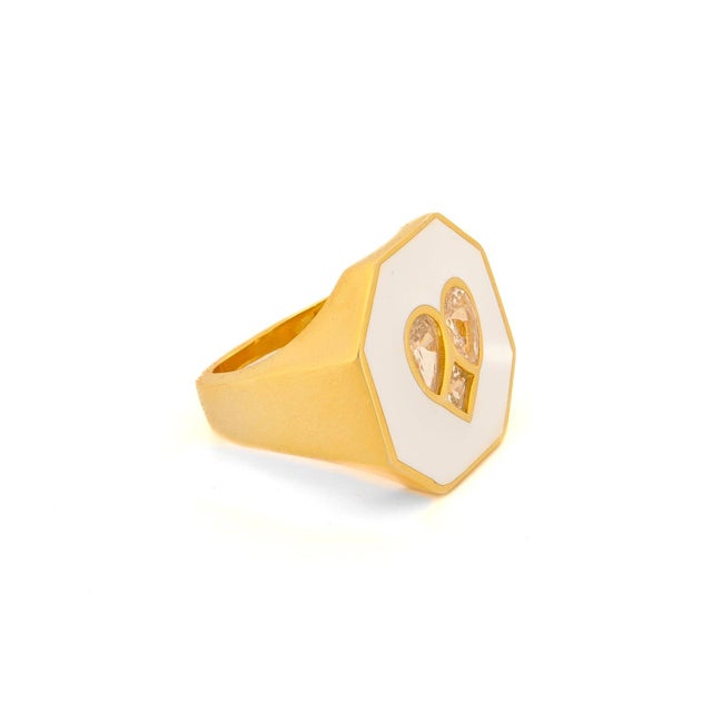 2020s Valentine's Diamond Heart White Enamel Gold Statement Ring, Size 5.5 For Sale - Image 5 of 5