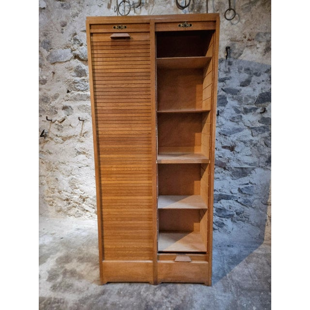 Wood Vintage French Oak Tambour Cabinet, 1960s For Sale - Image 7 of 16