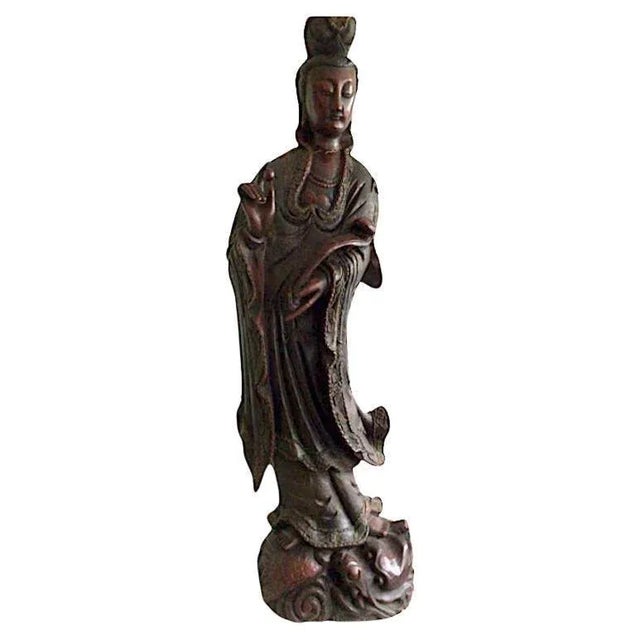 1920s Carved Wood Guanyin Statue Beautifully fine carving details Damage shown in pictures Crack in neck