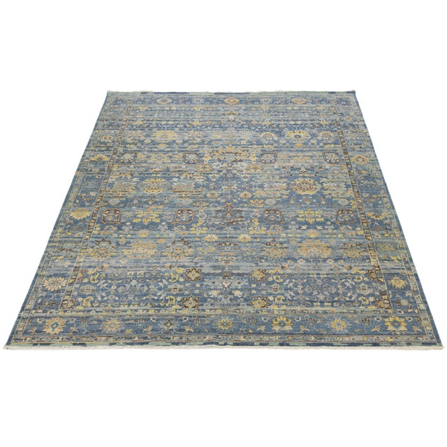 12x15 Hand-Knotted Modern Tabriz Style Wool Area Rug in Blue & Gold For Sale - Image 4 of 12