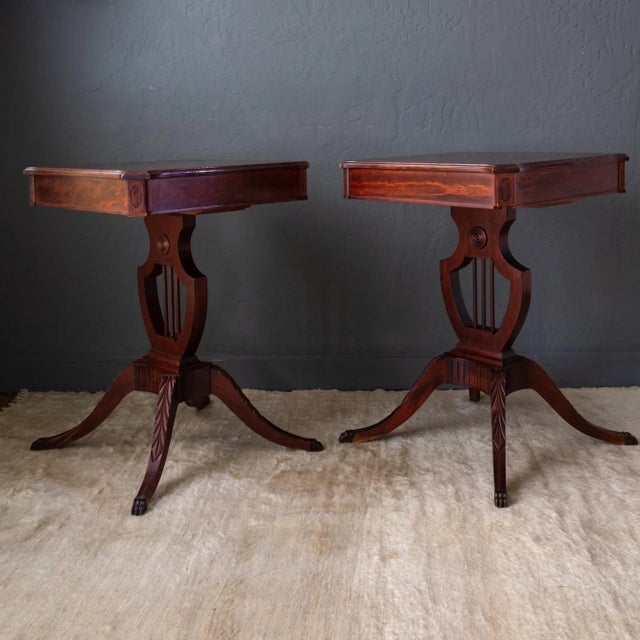 Wood Set of Mersman Harp and Lyre Mahogany SideTables With Brass Feet and Drawers For Sale - Image 7 of 17