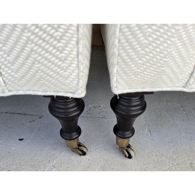 Baker Furniture English Country Scroll Arm Lounge Chairs in White Herringbone Casters Pair For Sale - Image 16 of 17