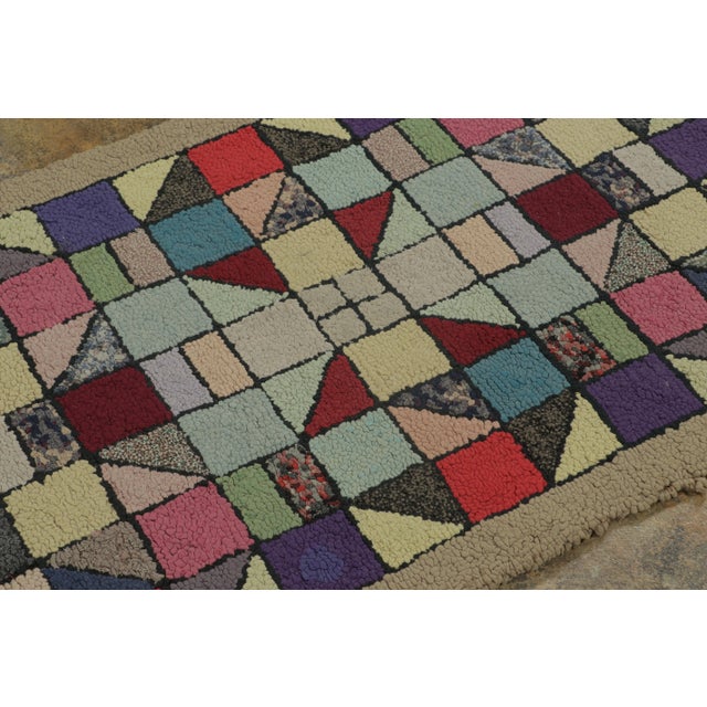 Rug & Kilim Antique Hooked Rug With Playful Geometric Grid in Multicolor - Rug & Kilim For Sale - Image 4 of 8