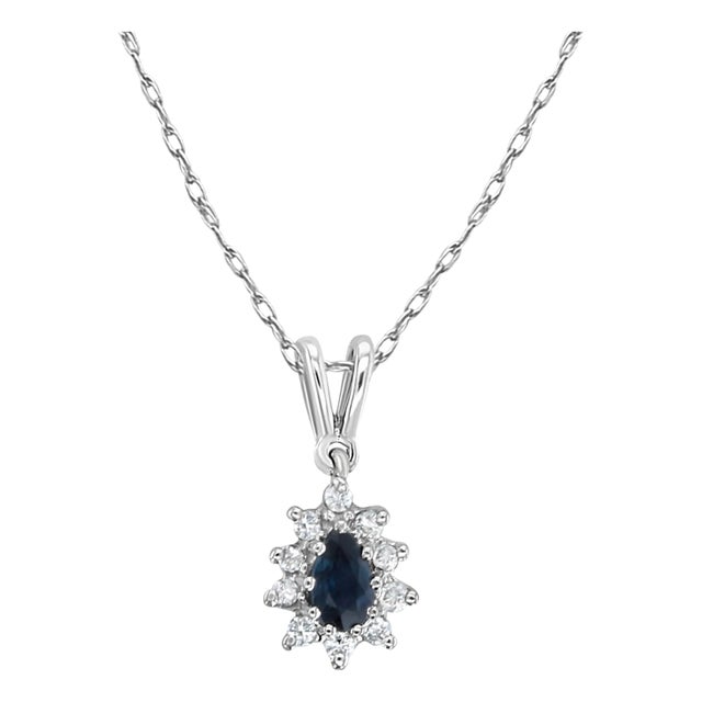 Dainty Pear Shaped Sapphire Diamond Halo Necklace 14k White Gold 16" For Sale