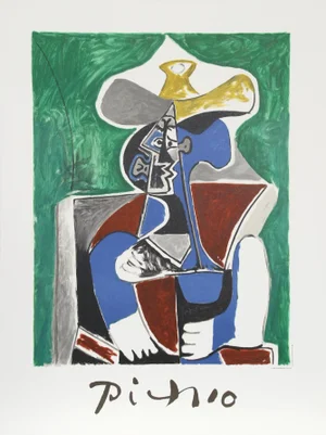 1980s "Buste au Chapeau Jaune et Gris" Lithograph After Pablo Picasso