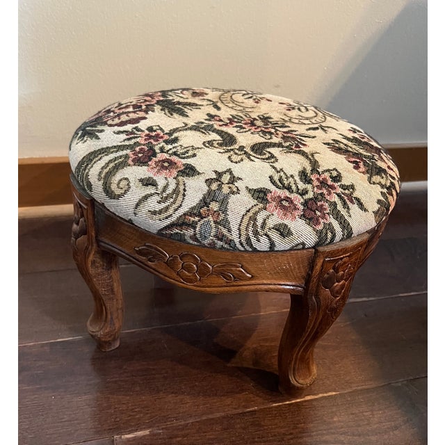 Vintage Carved Wood Footstool With Floral Tapestry Upholstery For Sale - Image 9 of 12