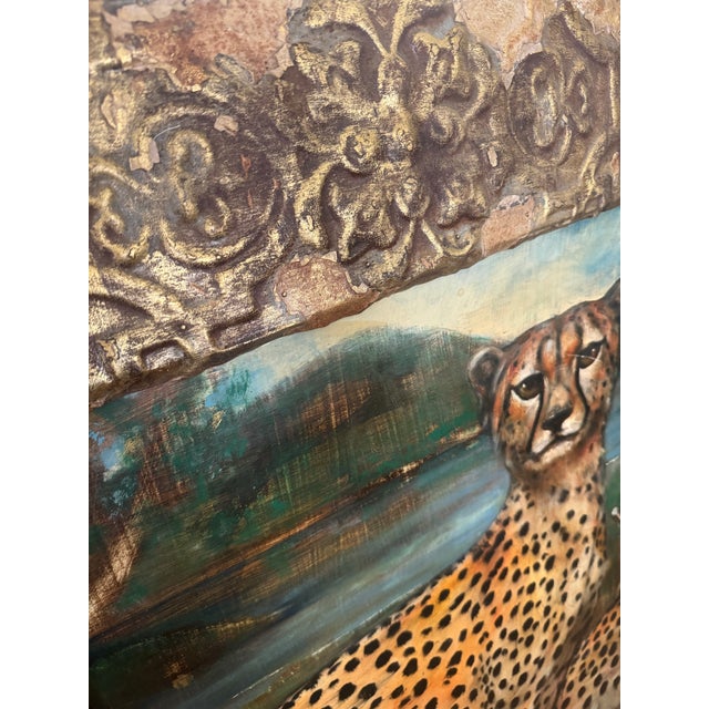 2000 - 2009 Warren Long Monumental Signed Cheetah Painting in Artist-Made Salvaged Tin Frame, 68” For Sale - Image 5 of 8