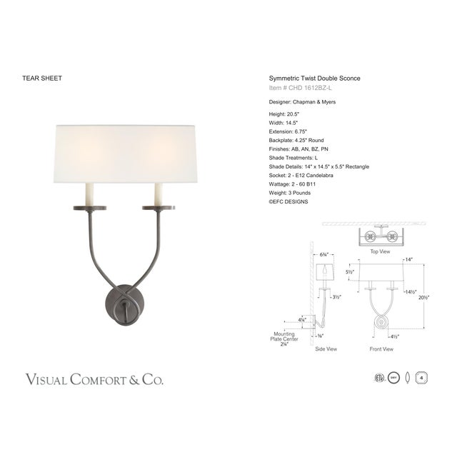 Transitional Chapman & Myers for Visual Comfort Signature Symmetric Twist Double Sconce in Bronze with Linen Shade For Sale - Image 3 of 5