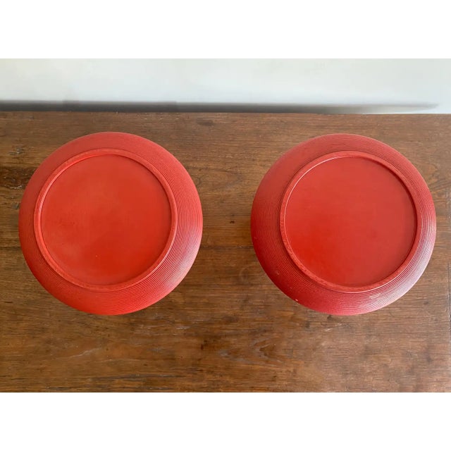 Paint Japanese Red Lacquer Ribbed Candle Holder Pair, Meji Period C. 1900 For Sale - Image 7 of 10