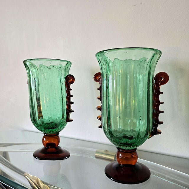 Barovier & Toso 1980s Pair of Green and Golden Brown Murano Glass Vases For Sale - Image 4 of 13